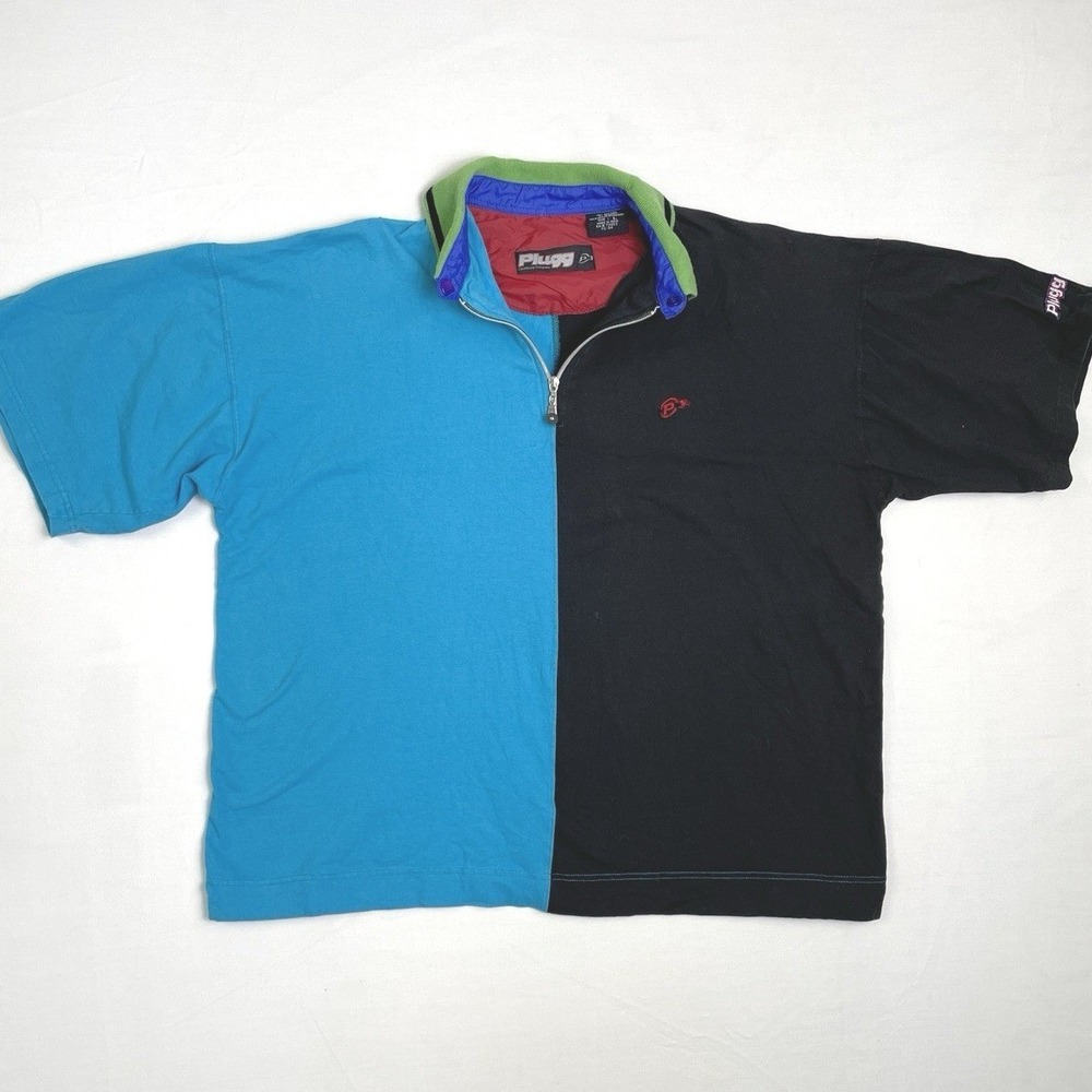 Vintage 90s Y2K Mens Plugg Color Block Quarter Zip Polo Shirt Retro Streetwear L